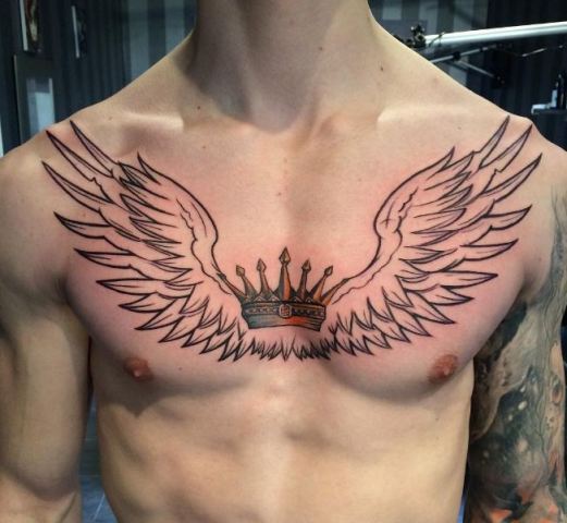 Crown and black-contour wings tattoo
