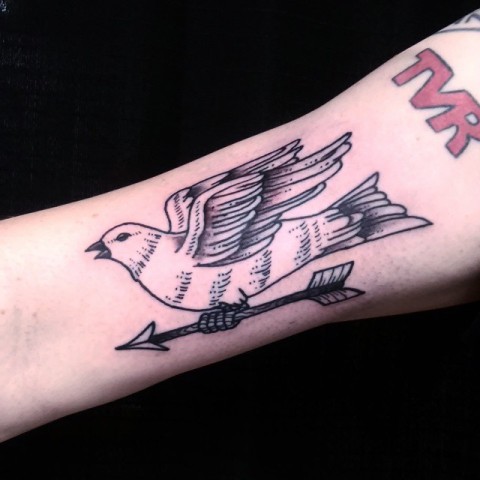 Dove and arrow tattoo on the hand