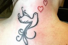 Dove and two red hearts tattoo on the neck