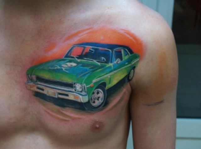 Green car tattoo on the chest