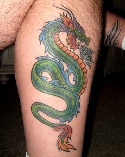 Green Dragon Tattoo On Left Half Sleeve
