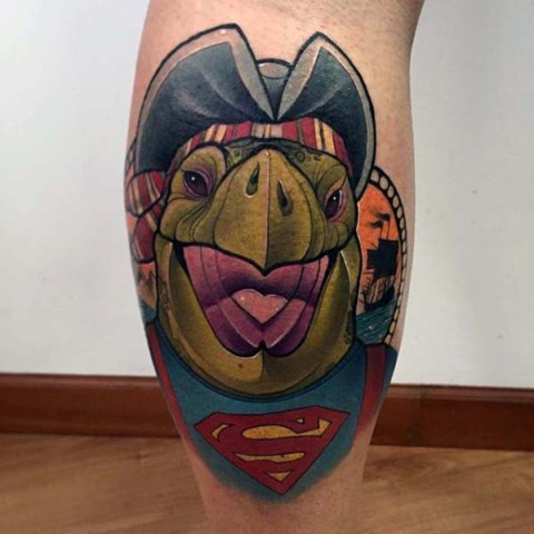 Pirate turtle tattoo on the leg