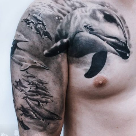 Realistic dolphin tattoo on the arm and chest