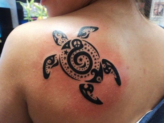Tribal turtle tattoo on the shoulder
