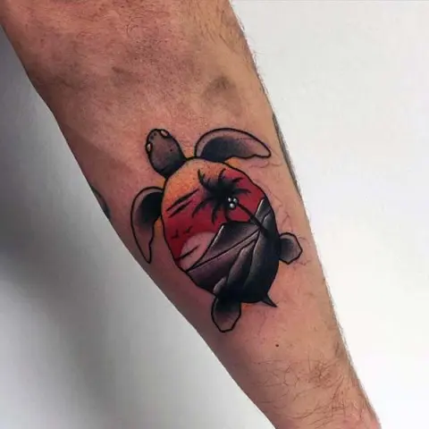 Turtle with image of sunset on the shell tattoo