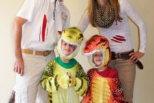 dinosaur Halloween costumes for the kids and dinosaur hunters’s costumes for the parents