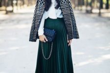 03 a dark green pleated midi skirt, a white shirt, a nail leather jacket and black booties