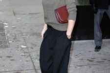 03 wide black pants, a grey green turtleneck sweater for a chic and minimalist work look