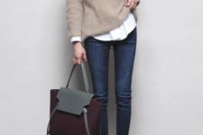 04 a casual Friday look with a white shirt, a beige sweater, navy skinnies, black booties and a burgundy bag