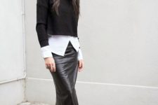 05 a black leather midi, a white shirt, a black cropped sweater, black peep toe booties