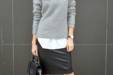 sweater with a leather skirt outfit