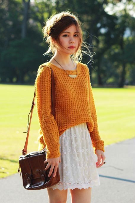 a mustard sweater, a white lace skirt, a vintage brown bag for a cool fall look