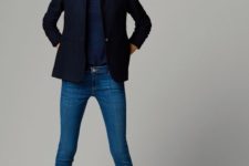 07 a navy turtleneck, a black blazer, blue jeans and brown boots
