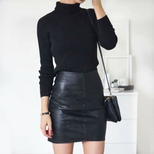 a black turtleneck, a black leather mini skirt and a bag for a sexy look