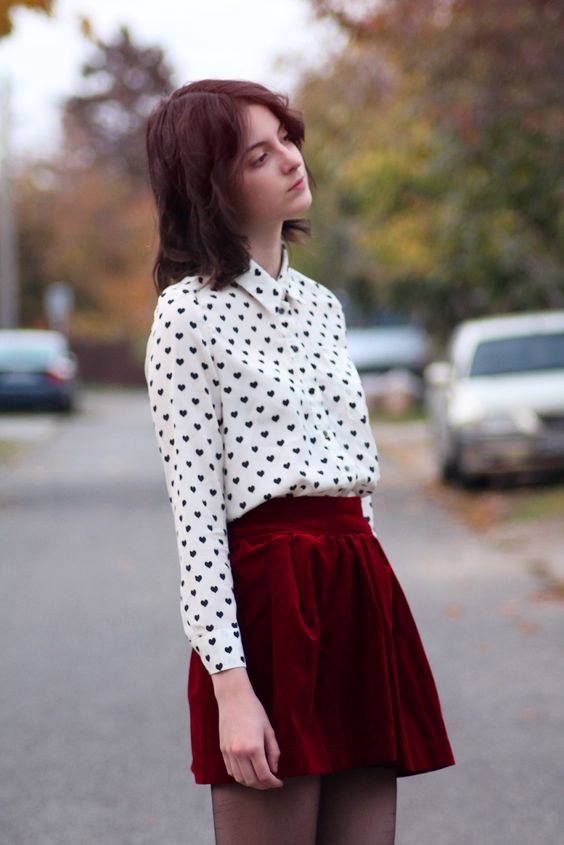 a red velvet midi skirt, a heart print shirt in black and white for a sexy look