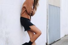 08 an ocher sweater, a denim mini skirt and black suede sock boots