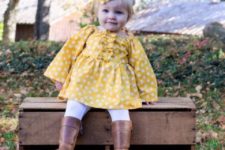 08 yellow polka dot dress, white tights and brown leather tall boots for a vintage-inspired look