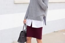09 a burgundy skirt and matching strappy shoes, a white shirt, a grey chunky sweater and a grey bag