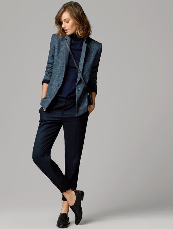 black cigarette pants, a navy turtleneck, a grey blazer, flats to wear to work