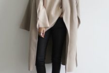 11 black cropped jeans, a creamy sweater, a blush coat and grey suede flats for comfort