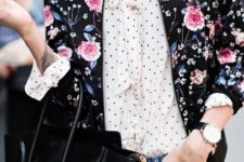 14 a black floral bomber with pink roses over a polka dot shirt looks very feminine