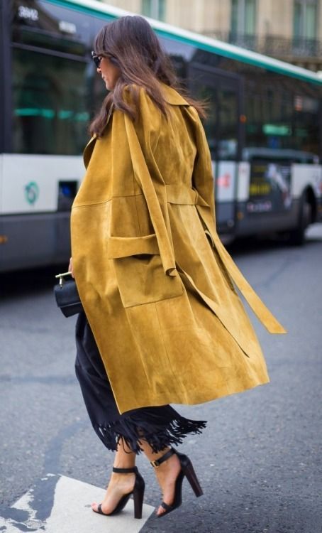 a suede mustard coat will add your look a colorful fall touch