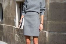 14 an all-grey look with a sweater, a textural skirt and suede heels