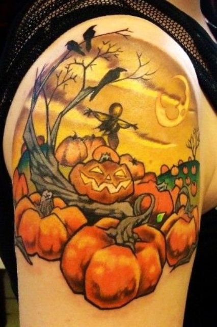 Half-sleeve pumpkin, birds and bogey tattoo