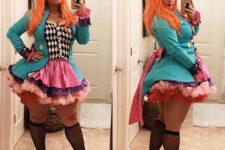 Plus size halloween costume with printed corset, purple and pink skirt, high heels and turquoise jacket