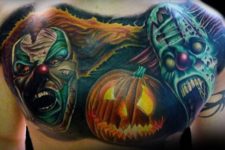 Scary clowns and pumpkin tattoo on the back