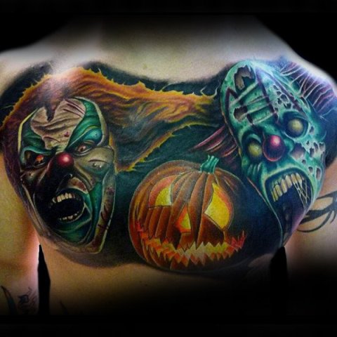 Scary clowns and pumpkin tattoo on the back