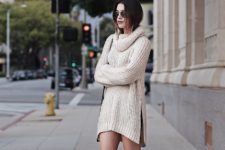 With beige sweater dress and bag