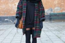 With black mini dress, oversized scarf, oxford shoes, gloves and brown small bag