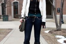 With black sweatshirt, jeans, white jacket and gray bag