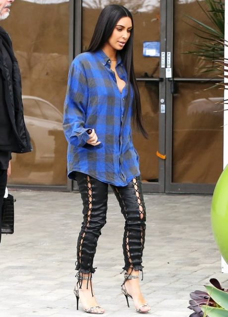 With blue checked loose shirt and metallic heels