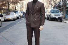 With brown suit and light brown shoes