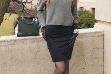 With crop sweater, pencil skirt, purple beret and pumps