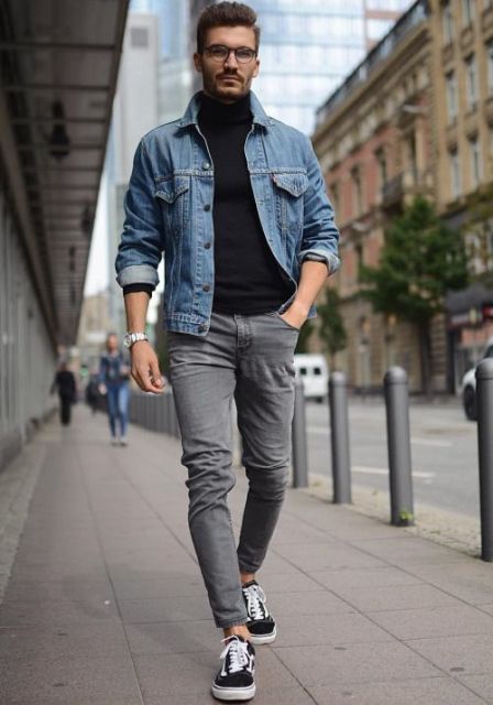 With denim jacket, gray skinny pants and white and black sneakers