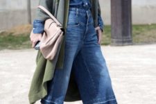 With denim shirt, green coat, cutout boots and beige bag