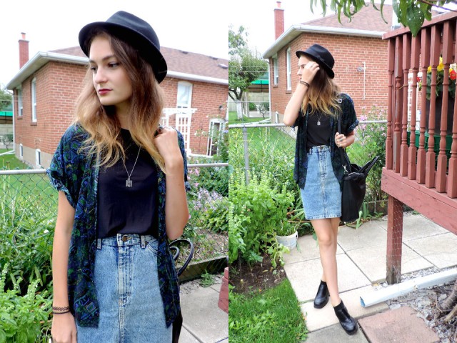 With flat ankle boots, hat and printed shirt