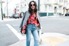 With floral blouse, crop jeans and black shoes
