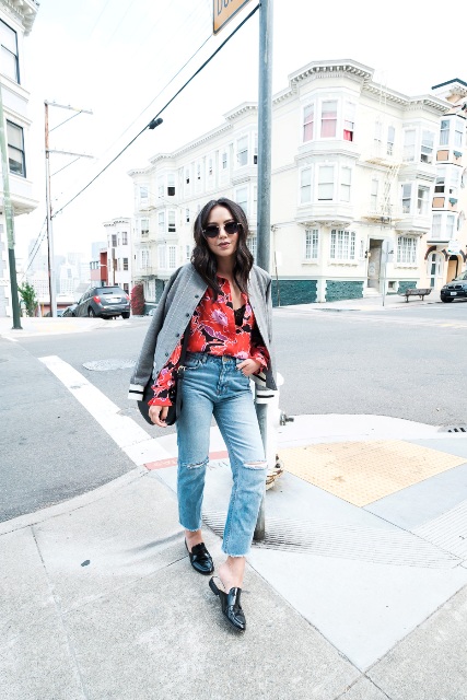 With floral blouse, crop jeans and black shoes