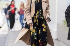 With floral midi dress, camel coat and black bag