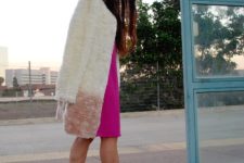 With hot pink knee-length dress and pale pink and golden ankle boots