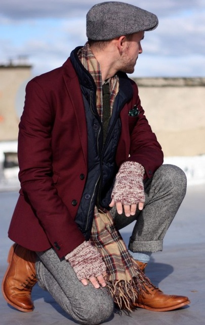 With marsala blazer, checked scarf, tweed trousers and brown shoes