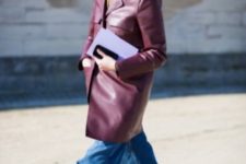 With marsala coat, sneakers and gray hat