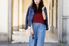 With marsala shirt, blue jacket, flats and beige bag