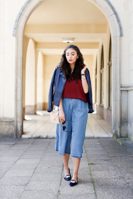 With marsala shirt, blue jacket, flats and beige bag