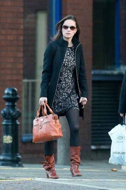 With mini dress, black coat and brown leather bag