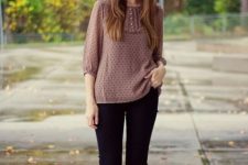 With polka dot blouse, skinny pants and purple boots